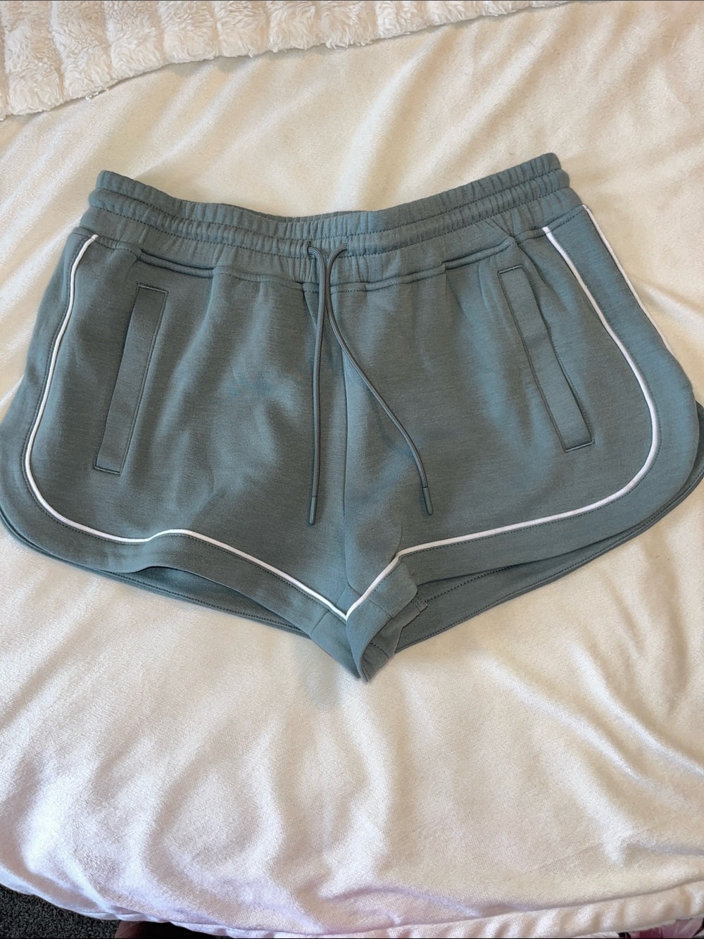 Avia Women's Drawstring Track Shorts in Sage with White Piping
